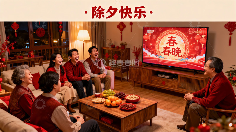 高清大图下载【趣麦麦图】除夕夜家人团聚看电视