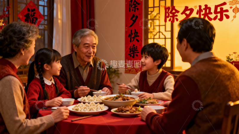 高清大图下载【趣麦麦图】除夕夜家人围坐共进晚餐