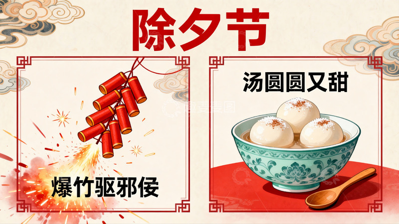 高清大图下载【趣麦麦图】除夕节庆图展示鞭炮与汤圆