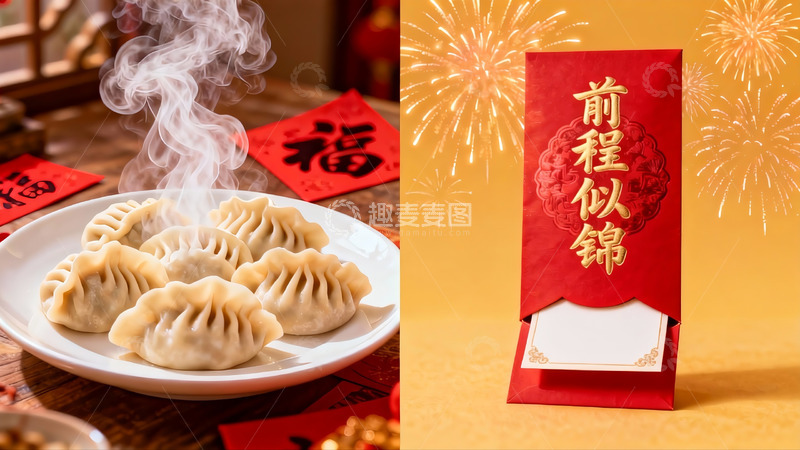高清大图下载【趣麦麦图】热腾腾饺子与红色红包
