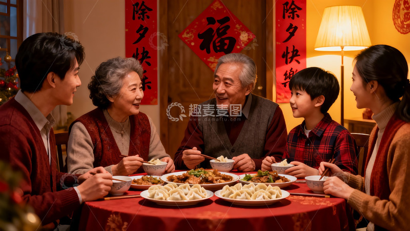 高清大图下载【趣麦麦图】除夕团圆饭家人欢聚一堂