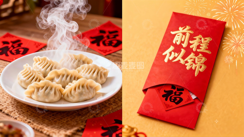 高清大图下载【趣麦麦图】热腾腾饺子与红色红包