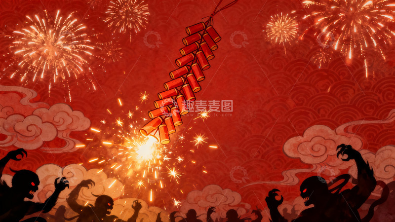 高清大图下载【趣麦麦图】春节鞭炮与年兽图案
