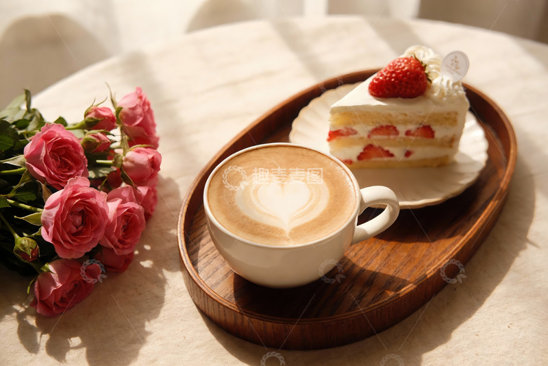 高清大图下载【趣麦麦图】咖啡蛋糕与玫瑰的温馨下午茶