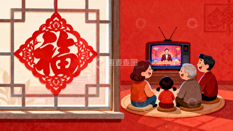 高清大图下载【趣麦麦图】春节家庭团聚看电视