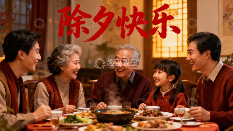 高清大图下载【趣麦麦图】除夕团圆饭家人欢聚一堂