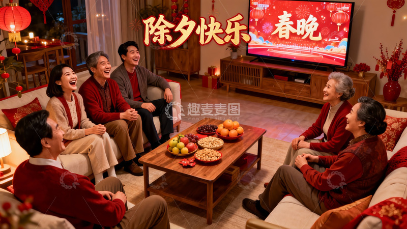 高清大图下载【趣麦麦图】全家欢聚客厅迎新春