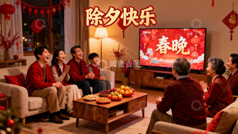 高清大图下载【趣麦麦图】除夕夜家人团聚看电视