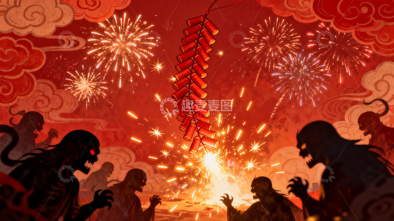 高清大图下载【趣麦麦图】除夕夜爆竹惊吓年兽场景