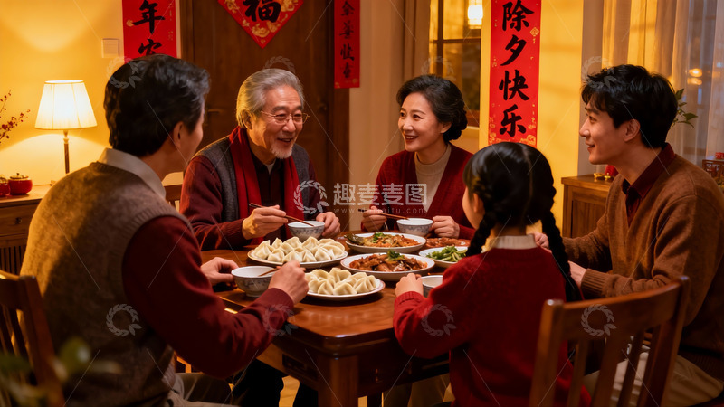 高清大图下载【趣麦麦图】家庭除夕夜团圆饭温馨场景