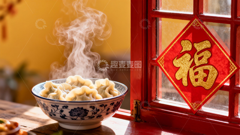 高清大图下载【趣麦麦图】热气腾腾的饺子窗边福字