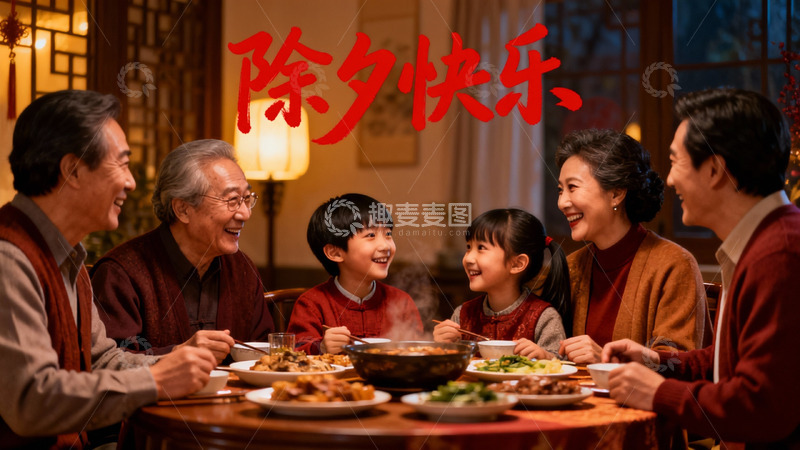 高清大图下载【趣麦麦图】除夕团圆饭家人欢聚一堂