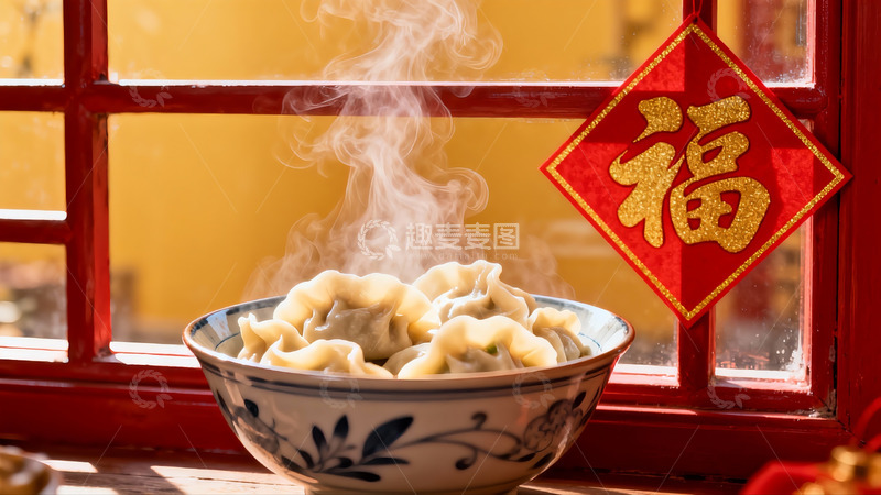 高清大图下载【趣麦麦图】热气腾腾的饺子配福字挂饰