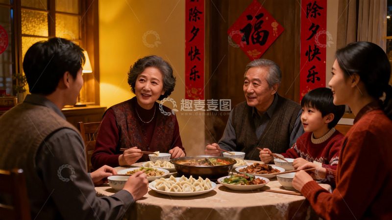 高清大图下载【趣麦麦图】除夕夜家人围坐共进晚餐