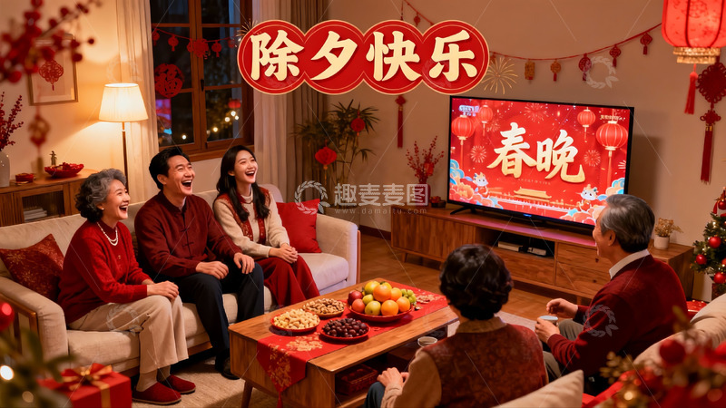 高清大图下载【趣麦麦图】家人除夕夜团聚看电视