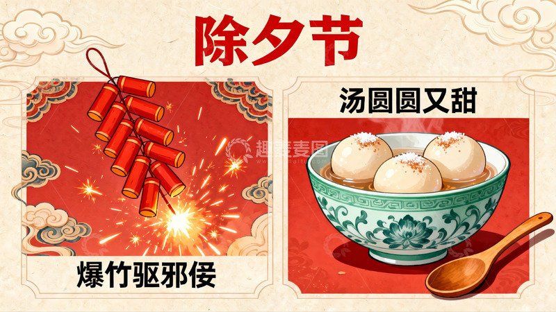 高清大图下载【趣麦麦图】除夕节传统习俗与美食展示