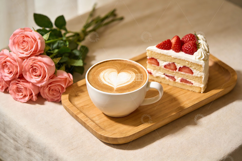 高清大图下载【趣麦麦图】咖啡蛋糕与玫瑰花的温馨下午茶
