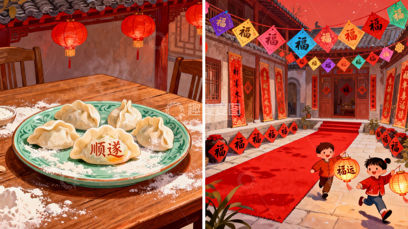 高清大图下载【趣麦麦图】春节庭院与饺子庆祝场景