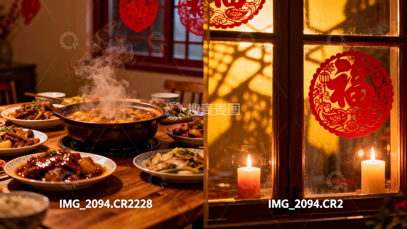 高清大图下载【趣麦麦图】暖光下的中式年夜饭与窗花
