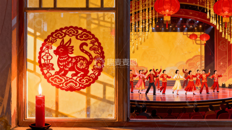 高清大图下载【趣麦麦图】舞台表演与窗边剪纸艺术