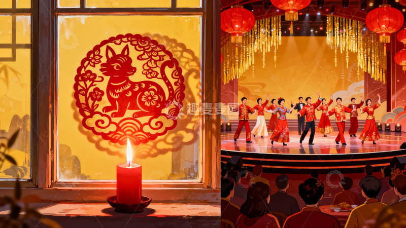 高清大图下载【趣麦麦图】春节舞台表演与窗花剪纸