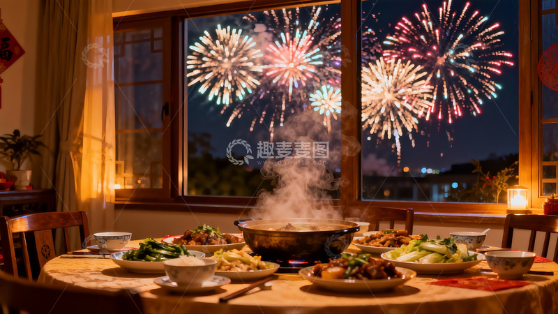 高清大图下载【趣麦麦图】年夜饭窗外烟花绽放