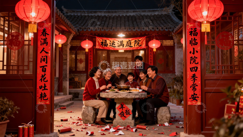 高清大图下载【趣麦麦图】除夕夜家人围坐庭院吃年夜饭