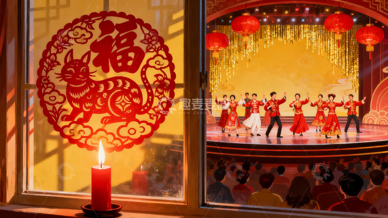 高清大图下载【趣麦麦图】窗前舞台表演春节剪纸福字