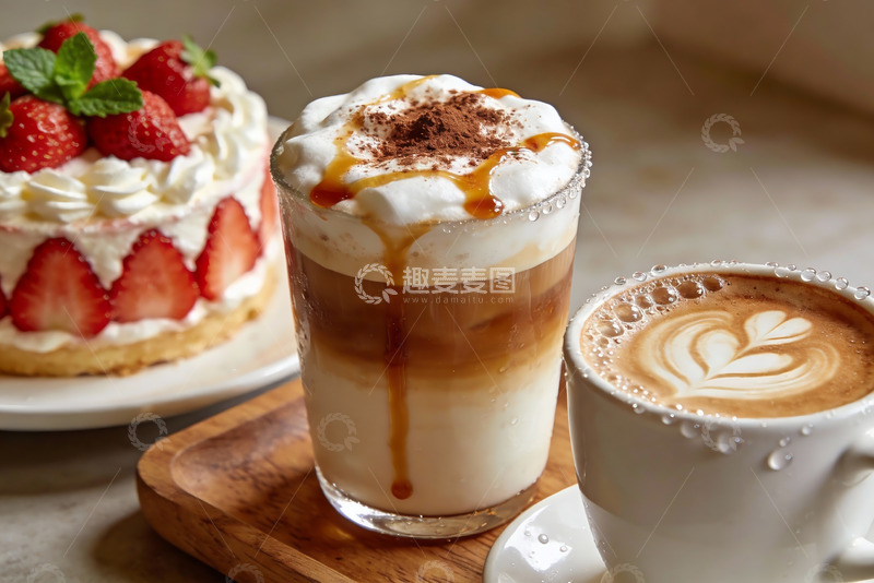 高清大图下载【趣麦麦图】草莓蛋糕与两杯饮品