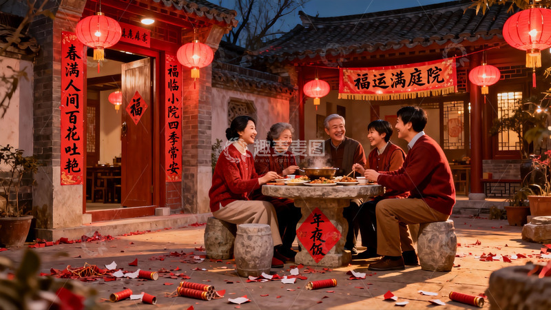 高清大图下载【趣麦麦图】除夕夜庭院团圆饭