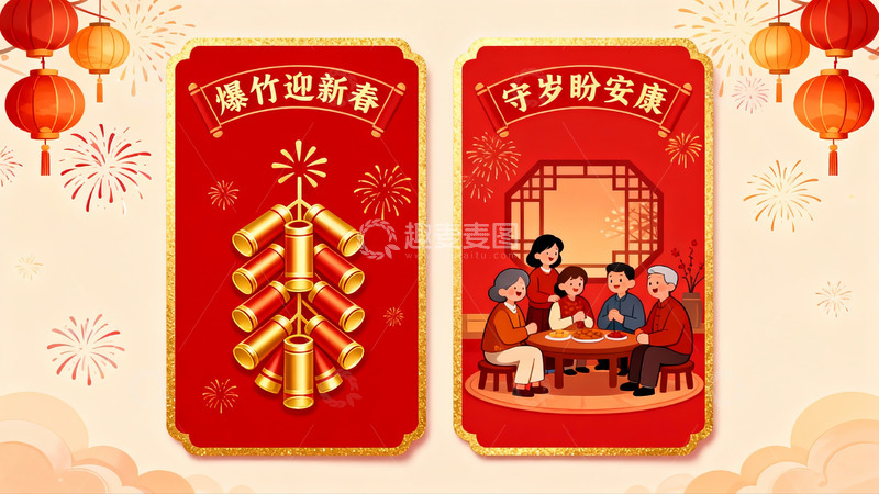 高清大图下载【趣麦麦图】春节团圆与烟花庆祝场景