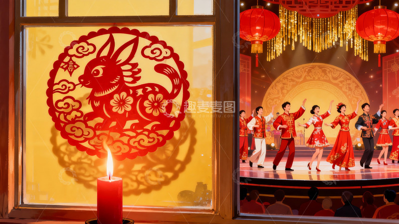 高清大图下载【趣麦麦图】春节舞台表演与窗花剪纸