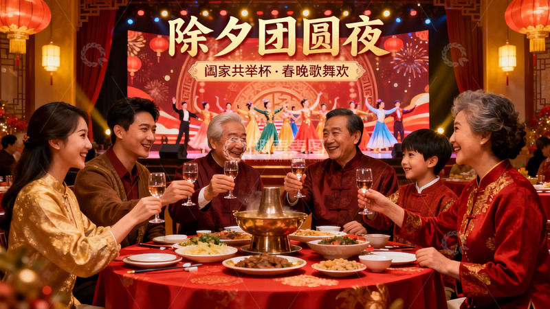 高清大图下载【趣麦麦图】除夕团圆夜家人欢聚一堂