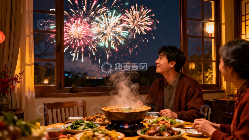 高清大图下载【趣麦麦图】年夜饭窗外烟花绽放