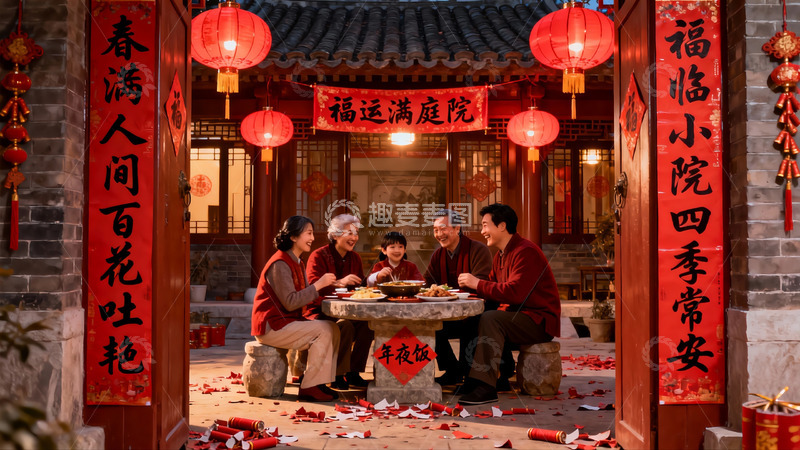 高清大图下载【趣麦麦图】春节家庭团聚庭院年夜饭