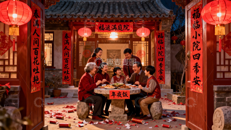高清大图下载【趣麦麦图】传统庭院年夜饭团圆场景