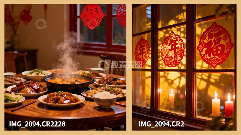 高清大图下载【趣麦麦图】年夜饭餐桌与窗花烛光