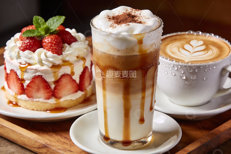 高清大图下载【趣麦麦图】草莓甜点与咖啡饮品摆盘