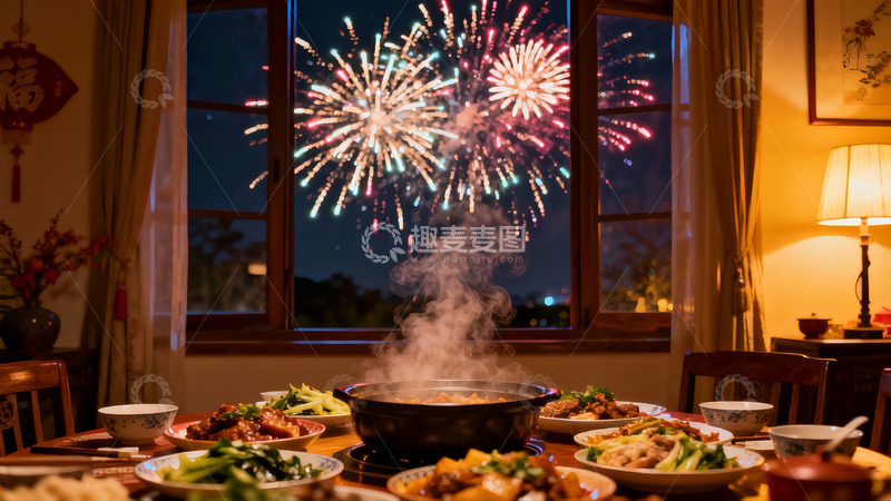 高清大图下载【趣麦麦图】室内年夜饭窗外烟花绽放