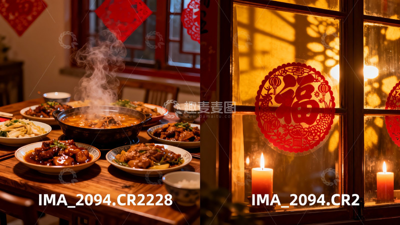 高清大图下载【趣麦麦图】暖色调中式年夜饭与窗花剪纸