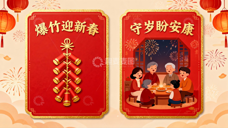 高清大图下载【趣麦麦图】春节团圆与烟花庆祝场景