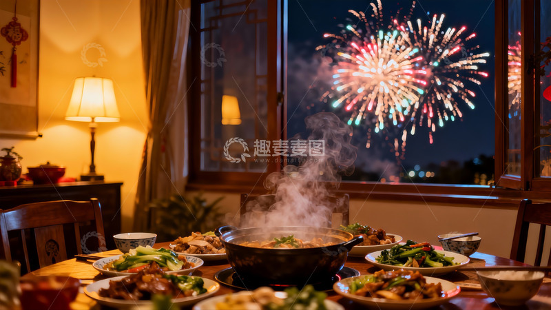 高清大图下载【趣麦麦图】室内年夜饭窗外烟花绽放