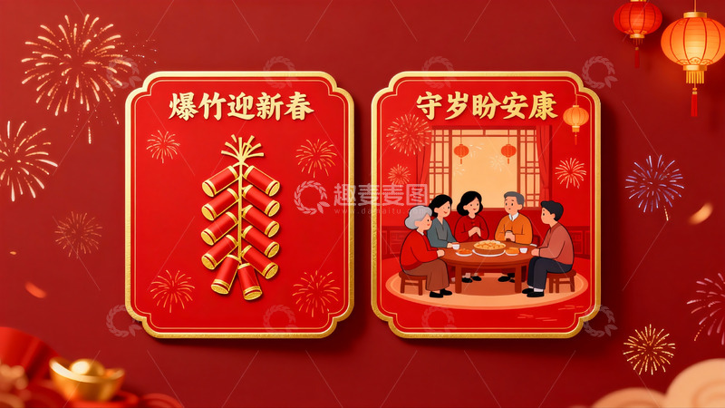 高清大图下载【趣麦麦图】春节团圆与烟花庆祝场景