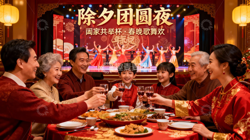 高清大图下载【趣麦麦图】除夕团圆夜家人欢聚举杯