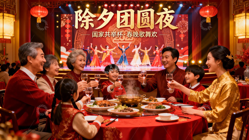 高清大图下载【趣麦麦图】除夕团圆夜家人欢聚一堂
