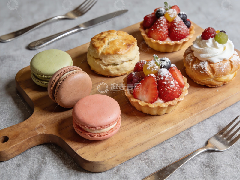 高清大图下载【趣麦麦图】木盘上的甜点与马卡龙