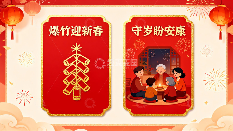 高清大图下载【趣麦麦图】春节团圆与烟花庆祝场景
