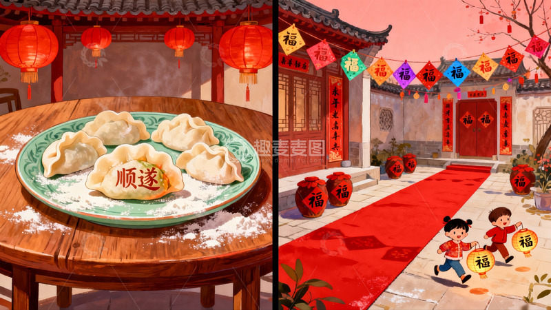 高清大图下载【趣麦麦图】春节饺子与庭院喜庆场景