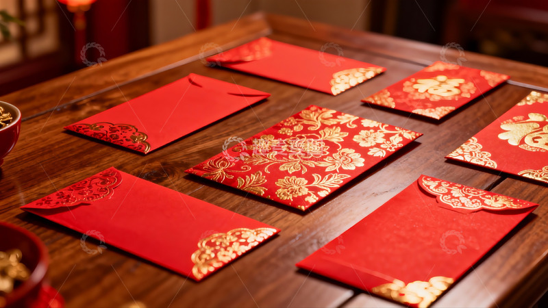 高清大图下载【趣麦麦图】红色红包摆放在木质桌面上