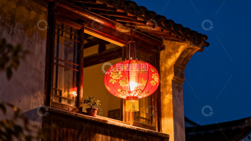高清大图下载【趣麦麦图】夜色古建筑窗前红灯笼